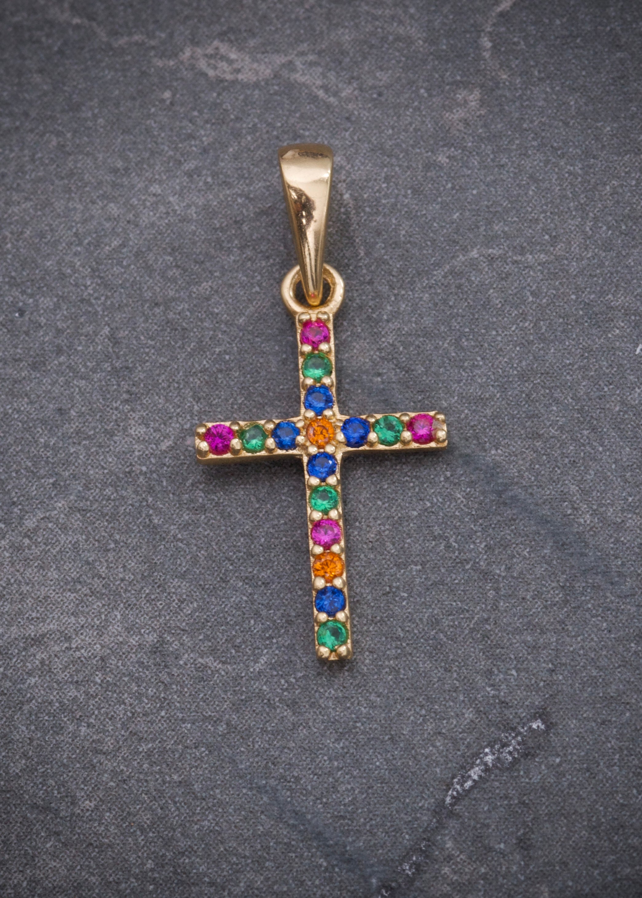 Dije cruz con swarovski multicolor 0.6gr / Largo 2cm / Oro Amarillo Nac P