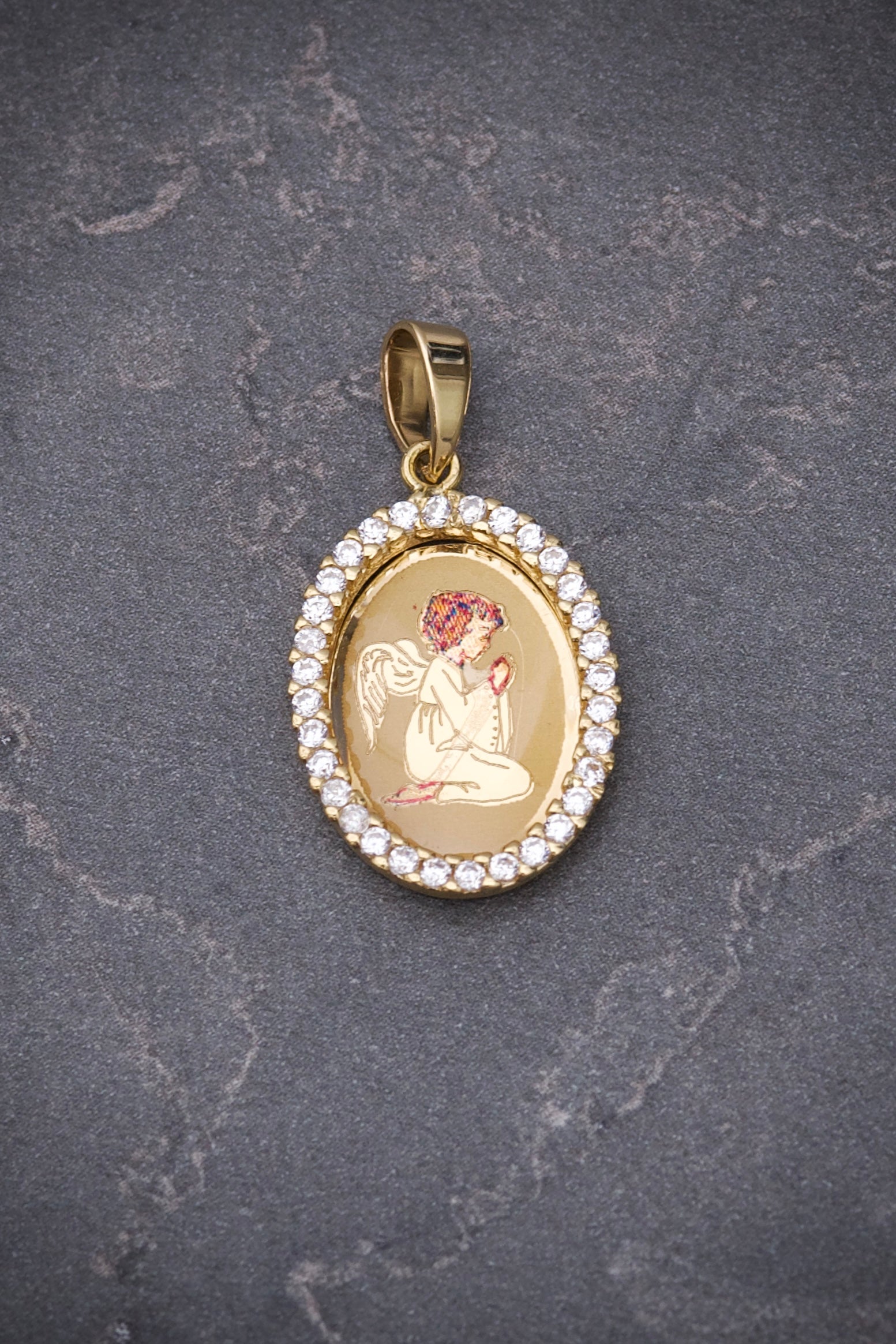 Dije medalla angel de la guarda con swarovski blanco 2gr / Largo 2.4cm / Oro Amarillo italy +4 B