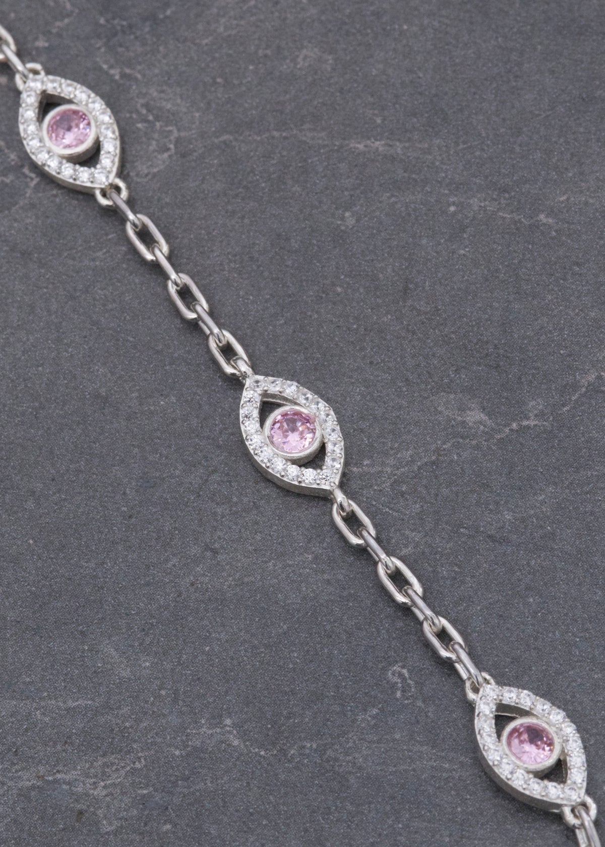 Pulso Ojo Turco con Swarovski Rosado y Blanco 6.7gr / 19cm / 7.4mm — Plata 925
