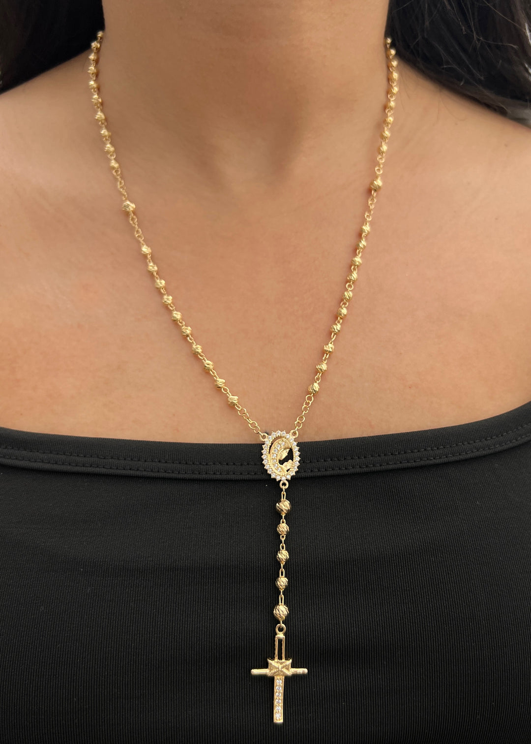 Rosario Virgen Maria con Swarovski 13.25gr / 50cm / 4mm — Oro Amarillo