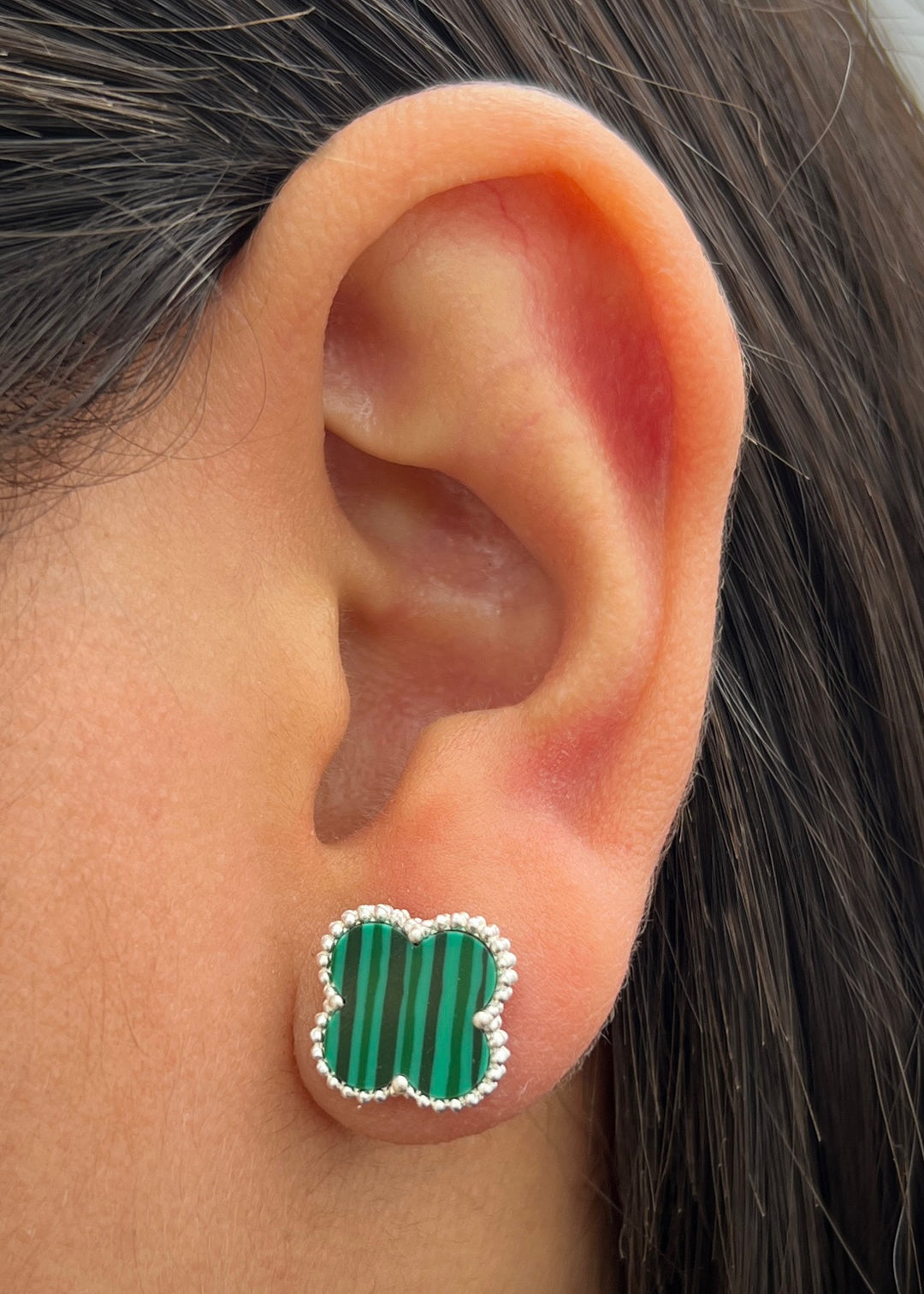 Topos Lucky Clover Piedra Verde 3.05gr / 1.2cm / 12mm — Plata 925