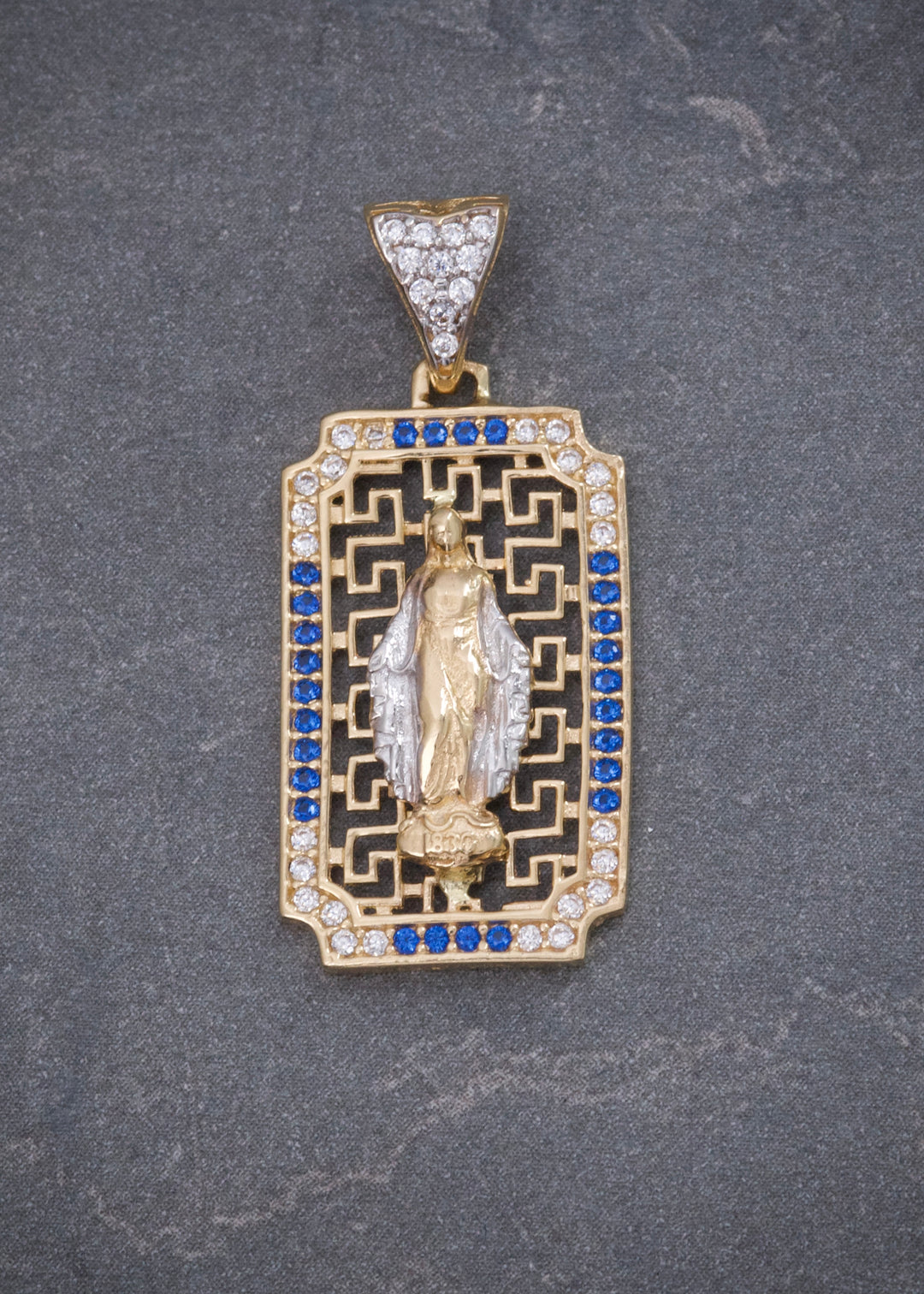 Dije Virgen de la Milagrosa con Swarovski Azul 3gr / 3cm / 13mm — Oro Amarillo