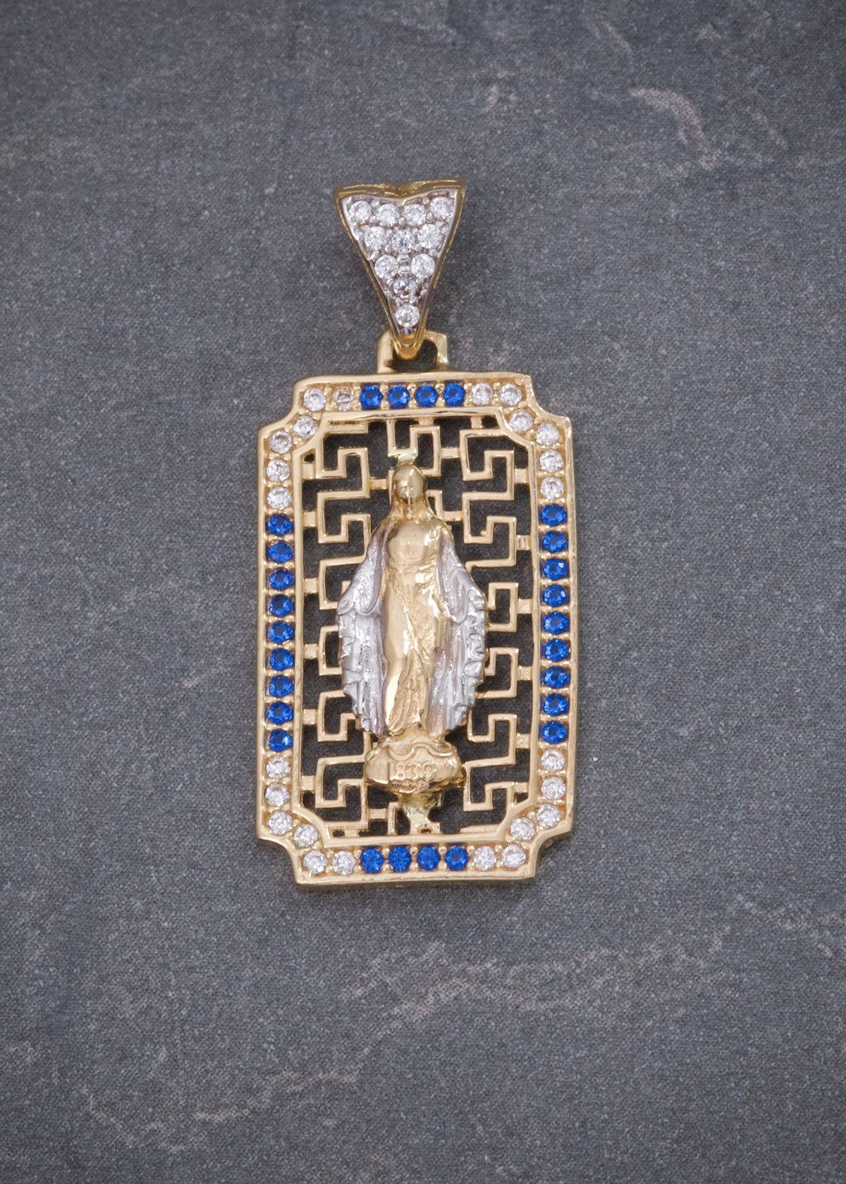 Dije Virgen de la Milagrosa con Swarovski Azul 3gr / 3cm / 13mm — Oro Amarillo