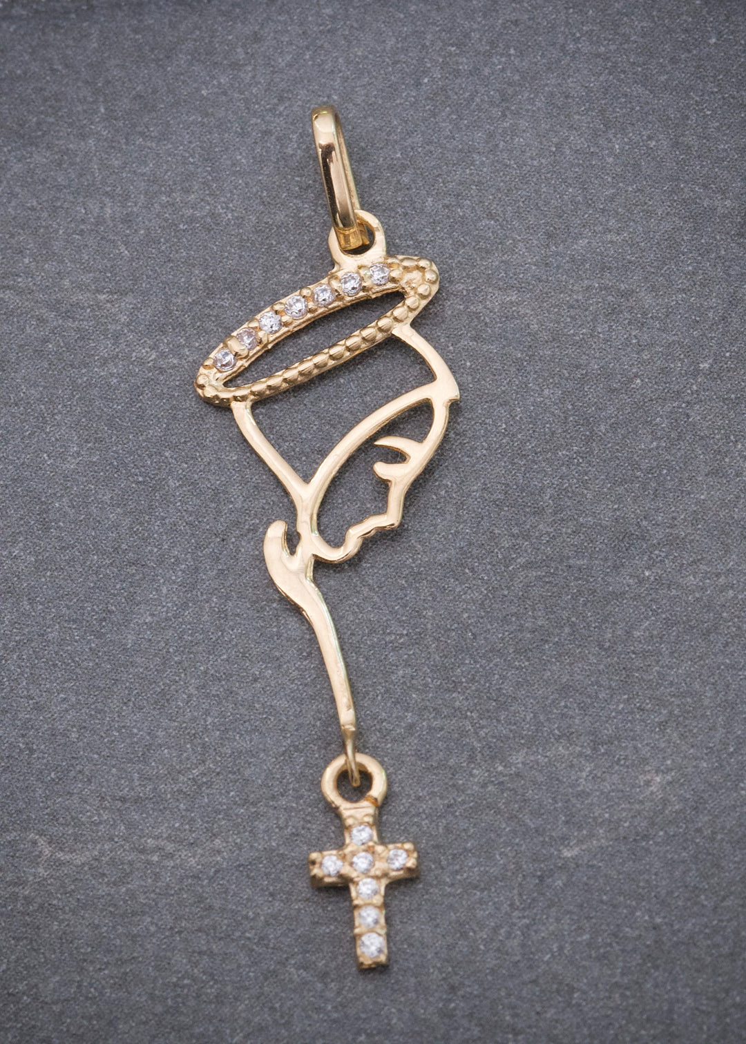Dije Virgen Maria con Swarovski Blanco 0.7gr / 3.7cm / 11mm — Oro Amarillo