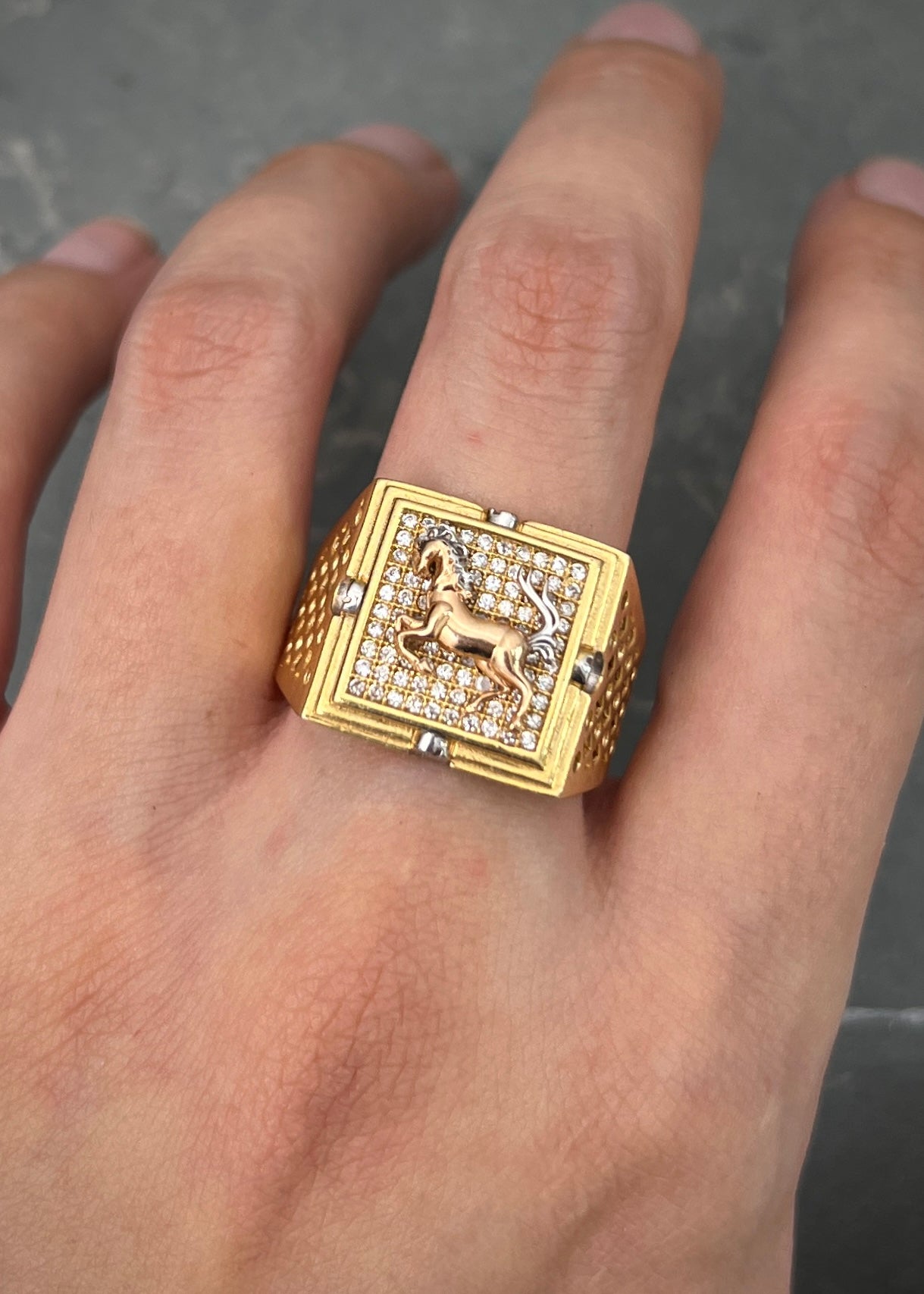 Anillo caballo con swarovski blanco 10.1gr / TALLA 10 1/2 / Oro Amarillo Nac M