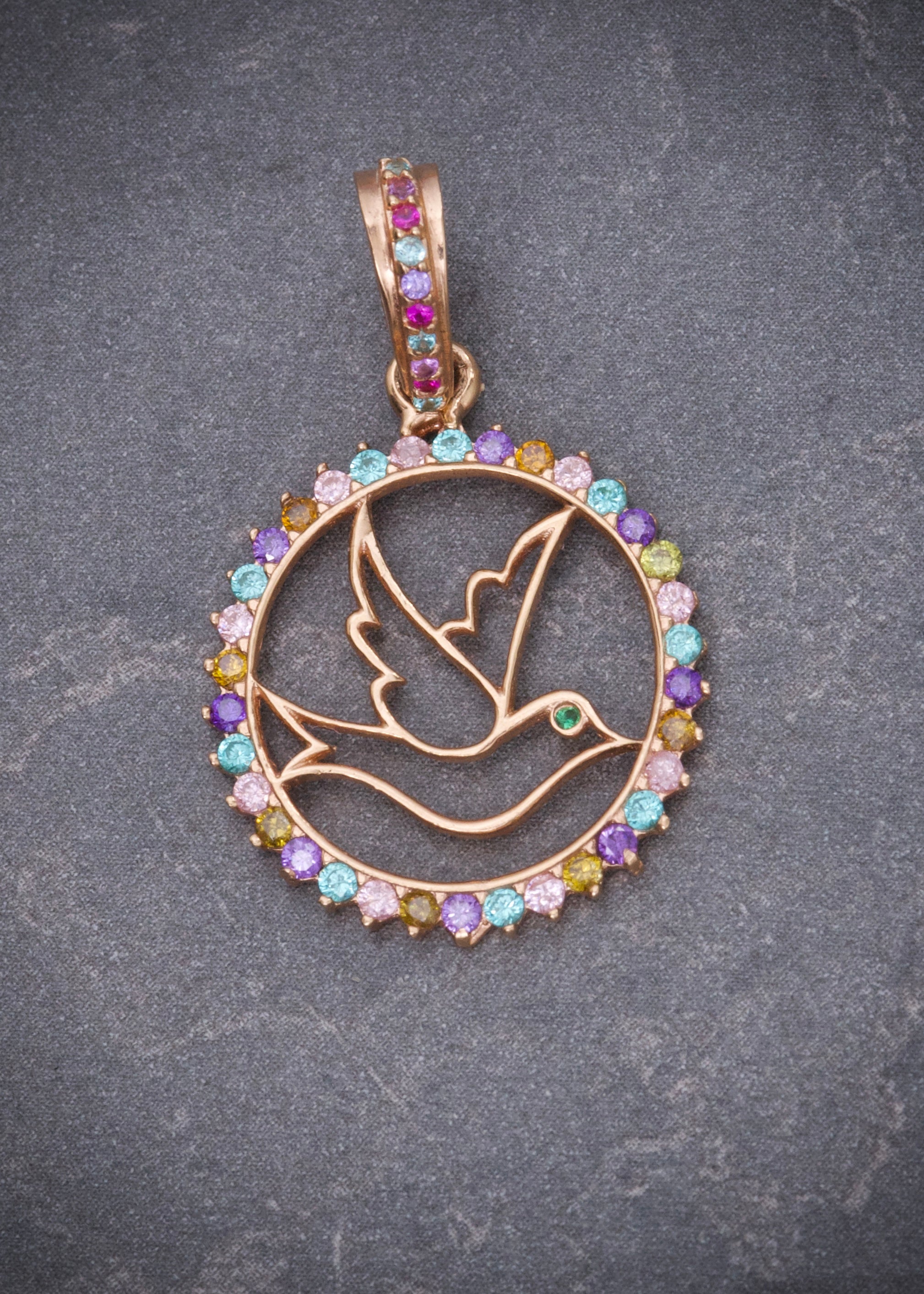 Dije paloma con swarovski multicolor 2.2gr / 3cm / Oro Rosado Nac M