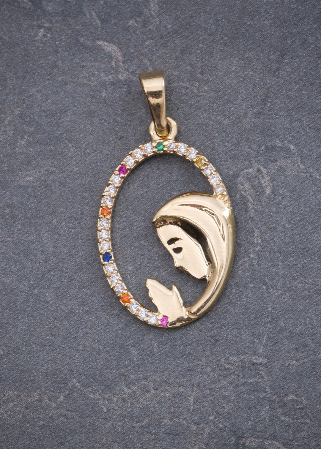 Dije Virgen Maria con Swarovski Multicolor 1.25gr / 2.6cm / 14mm — Oro Amarillo