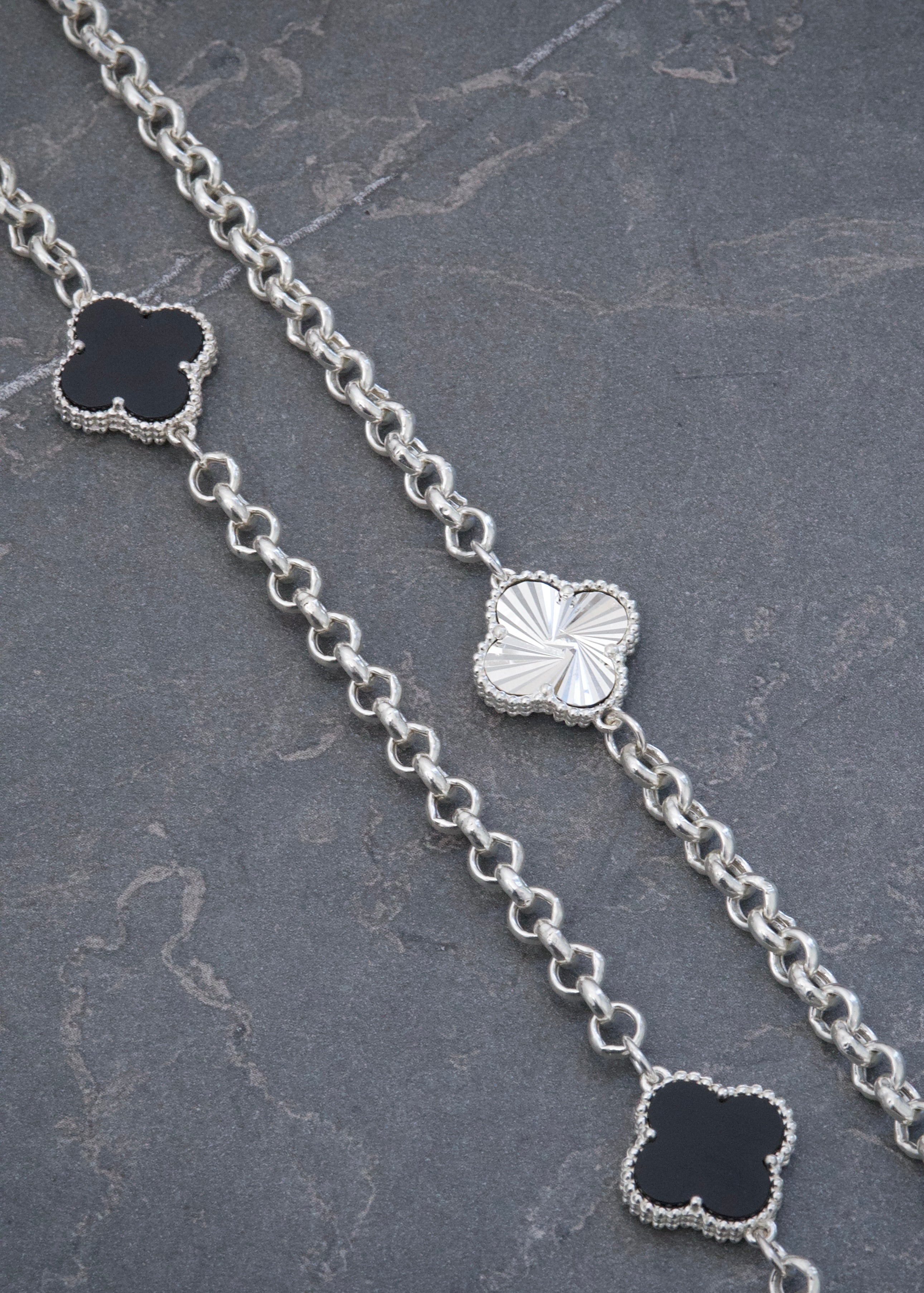 Cadena Lucky Clover Diamantada y Piedra Negra 16.85gr / 60cm / 14mm — Plata 925