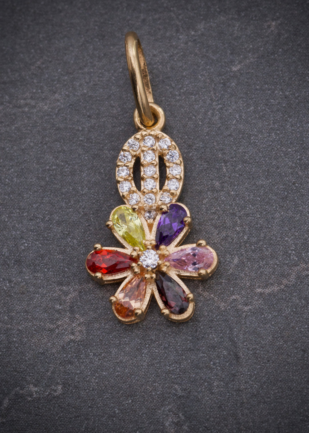 Dije flor con swarovski multicolor 1.4gr / Largo 2.3cm — Oro Amarillo