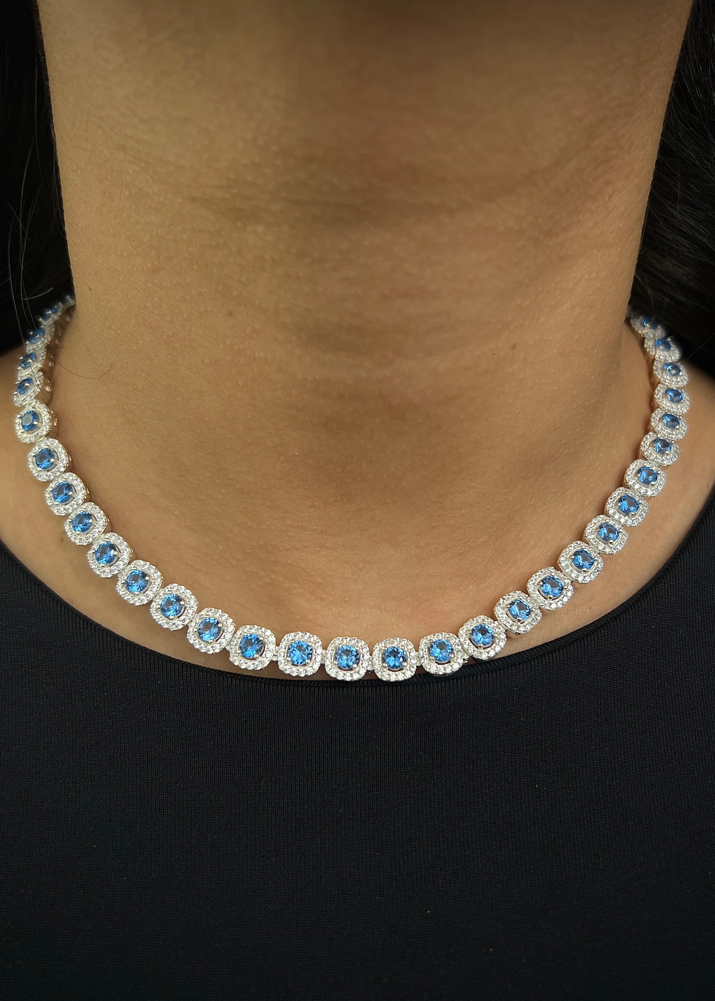 Cadena tenis con swarovski blanco y azul 44.7gr / Largo 40cm / Plata B