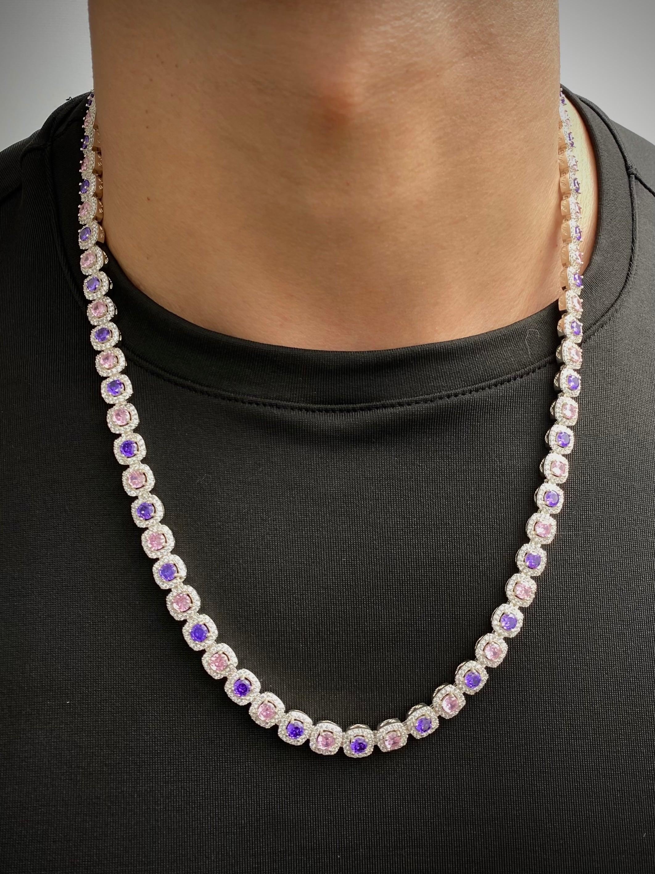 Cadena Tenis con Swarovski Rosado y Morado 70.1gr / 60cm / 7.7mm — Plata 925