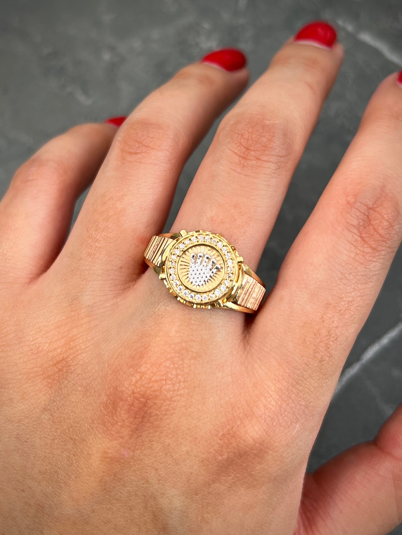 Anillo Corona Rx Con Swarovski BLAnco 7.25gr / TALLA 9 1/2 / Tres Oros Nac P