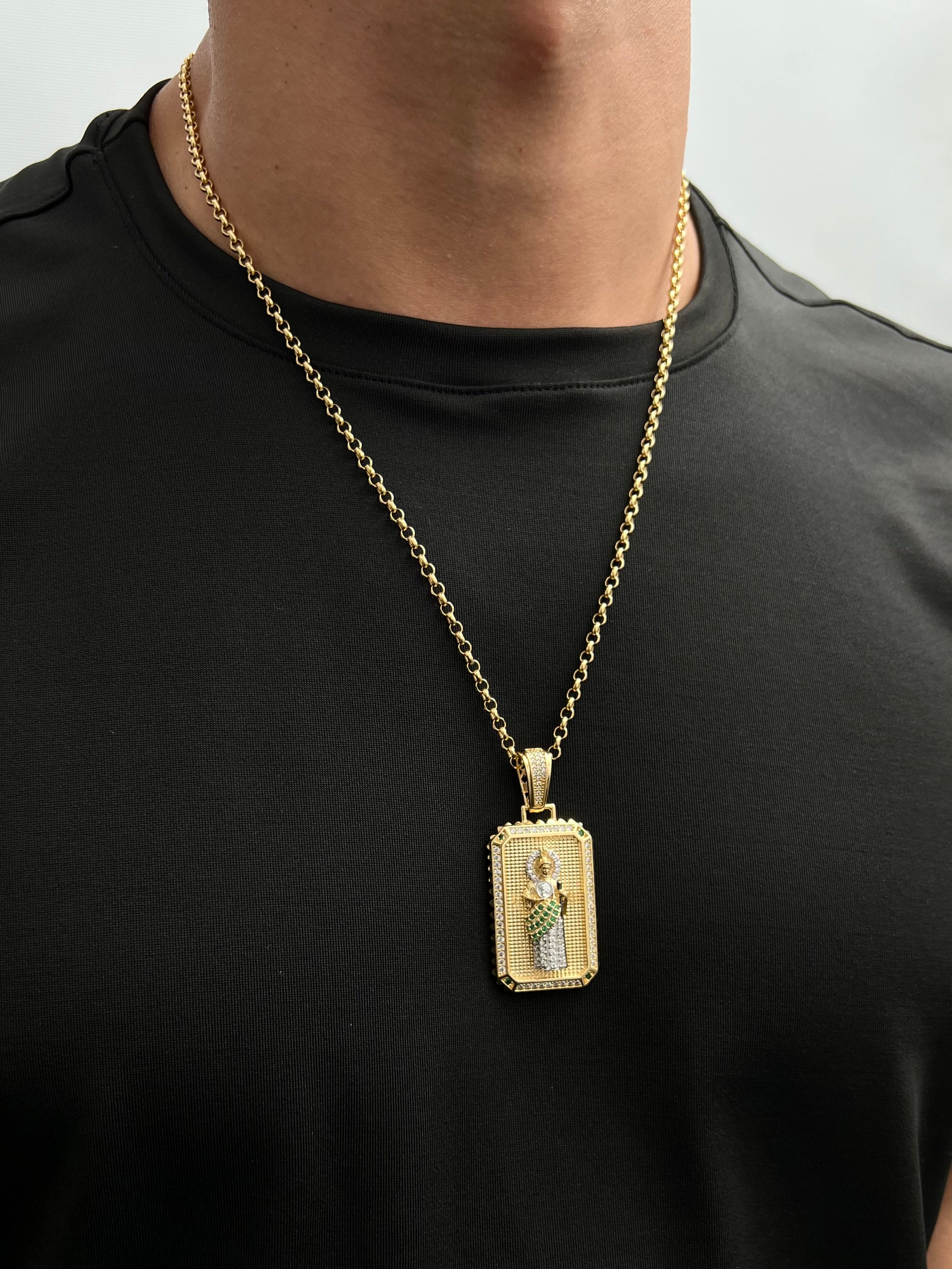 Dije san judas tadeo con swarovski verde y blanco 21.25gr / Largo 5.5cm / Oro Amarillo Nac M