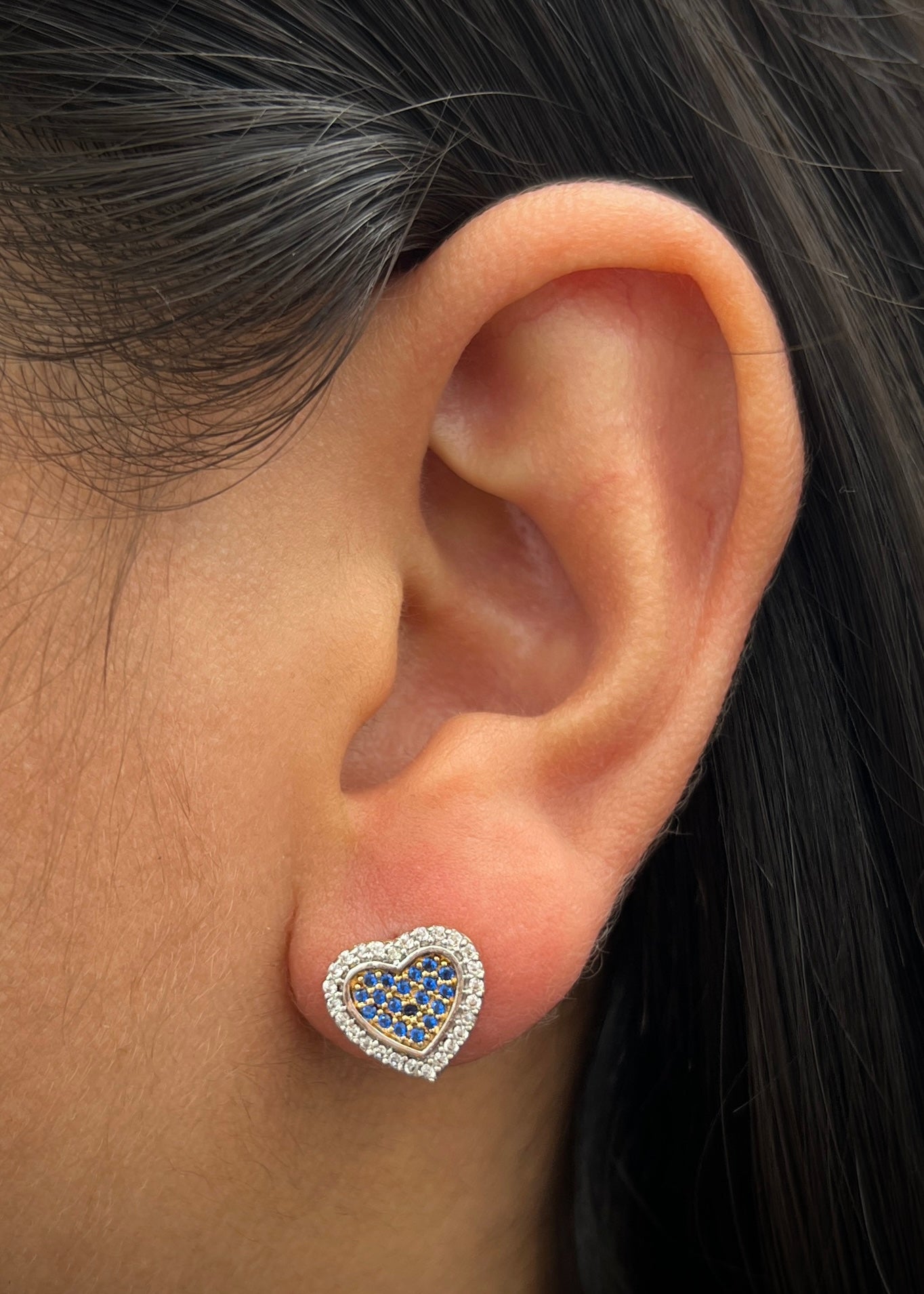 Topos corazon con swarovski blanco y azul 2.9gr / Largo 1cm / Oro Amarillo Nac B