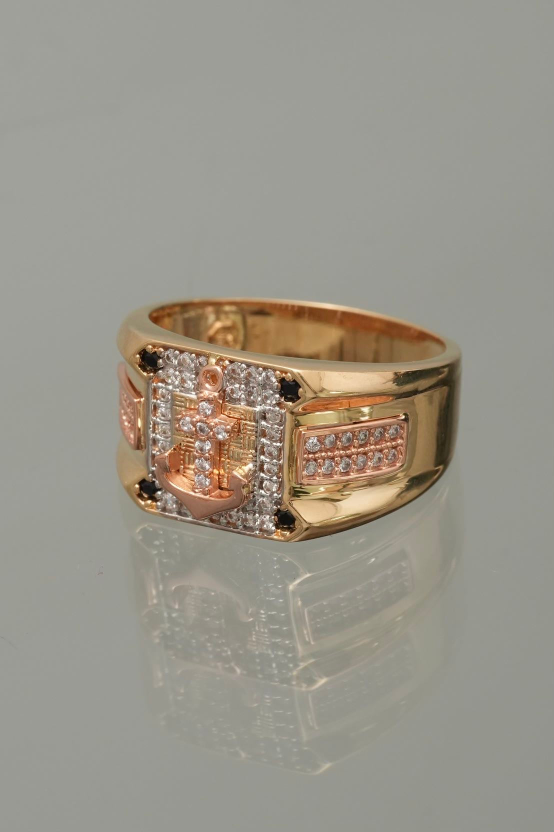 Anillo ancla con swarovski blanco y negro 7.75gr / TALLA 9 1/2 / Dos Oros Nac B