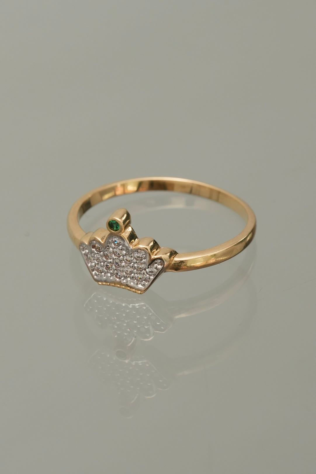 Anillo corona con swarovski blanco y verde 1.9gr / TALLA 6 3/4 / Oro Amarillo Nac M