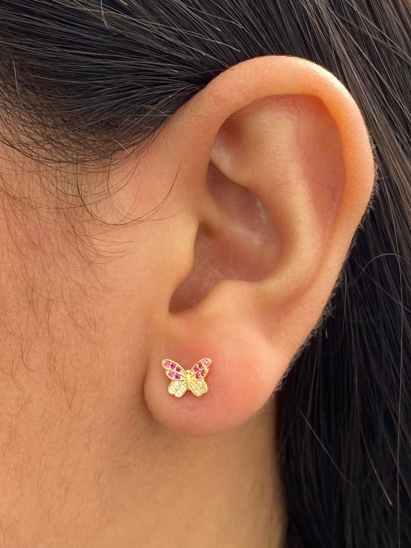 Topos mariposa con swarovski fucsia y blanco 0.95gr / Largo 0.6cm — Oro Amarillo
