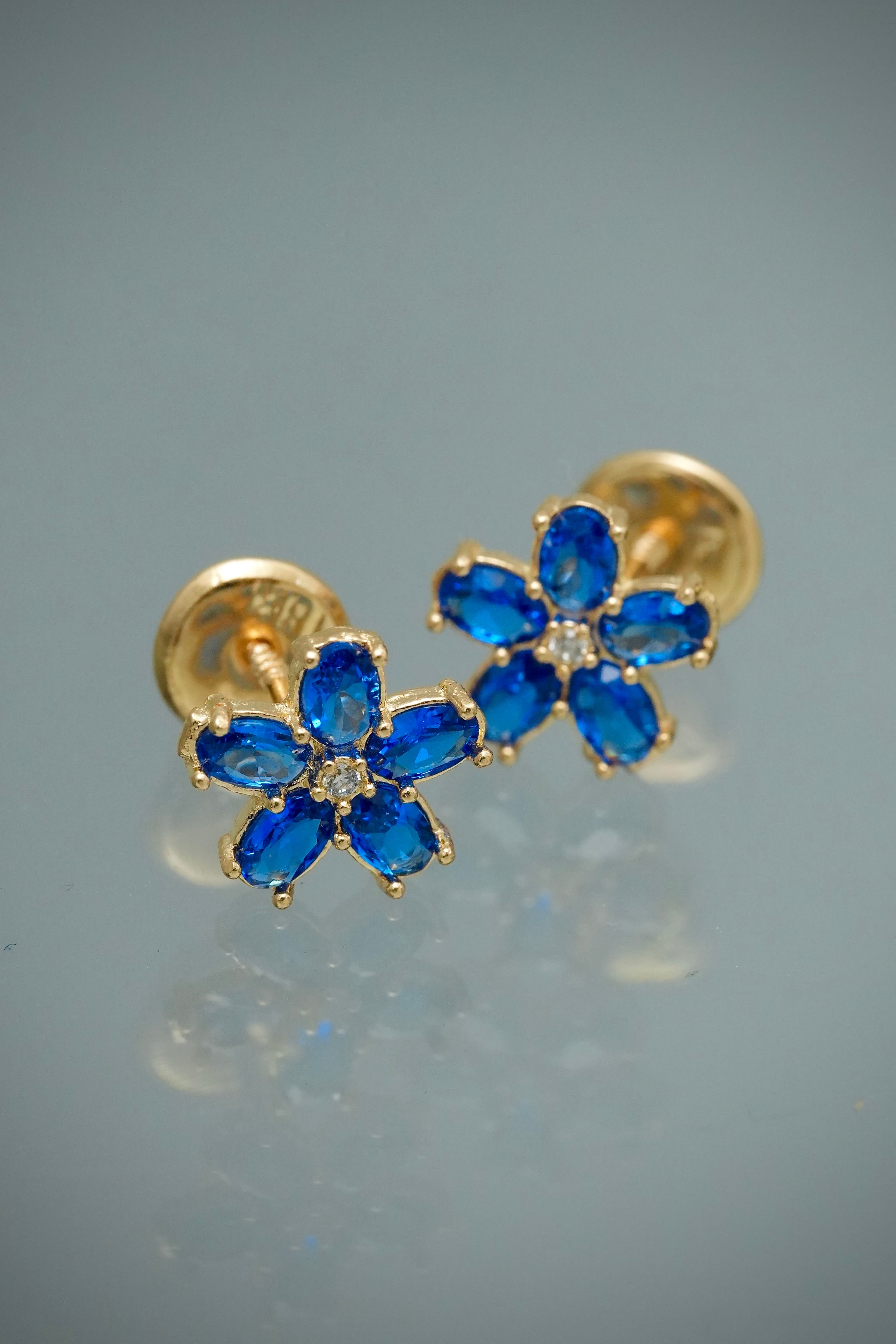 Topos Flor con Swarovski Azul 1gr / 0.8cm / 8mm — Oro Amarillo