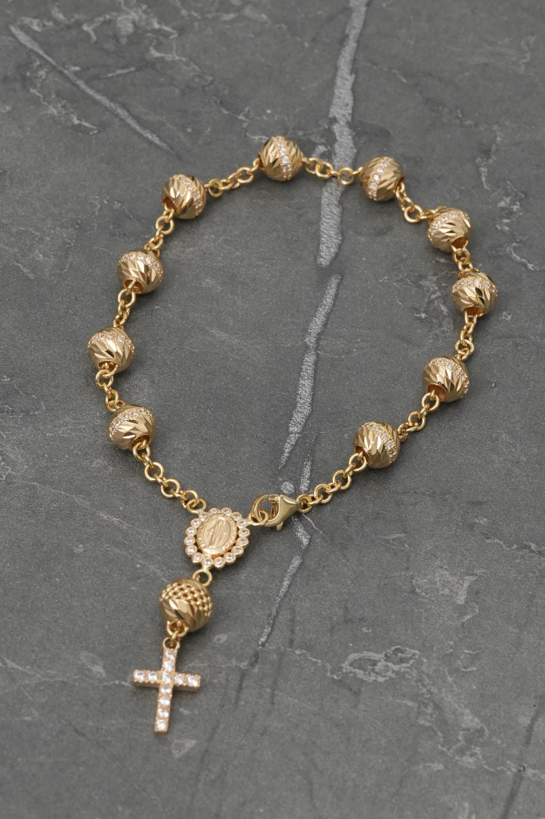 Pulso tipo denario virgen de la milagrosa con swarovski 11.65gr / Largo 19cm / Oro Amarillo Nac P