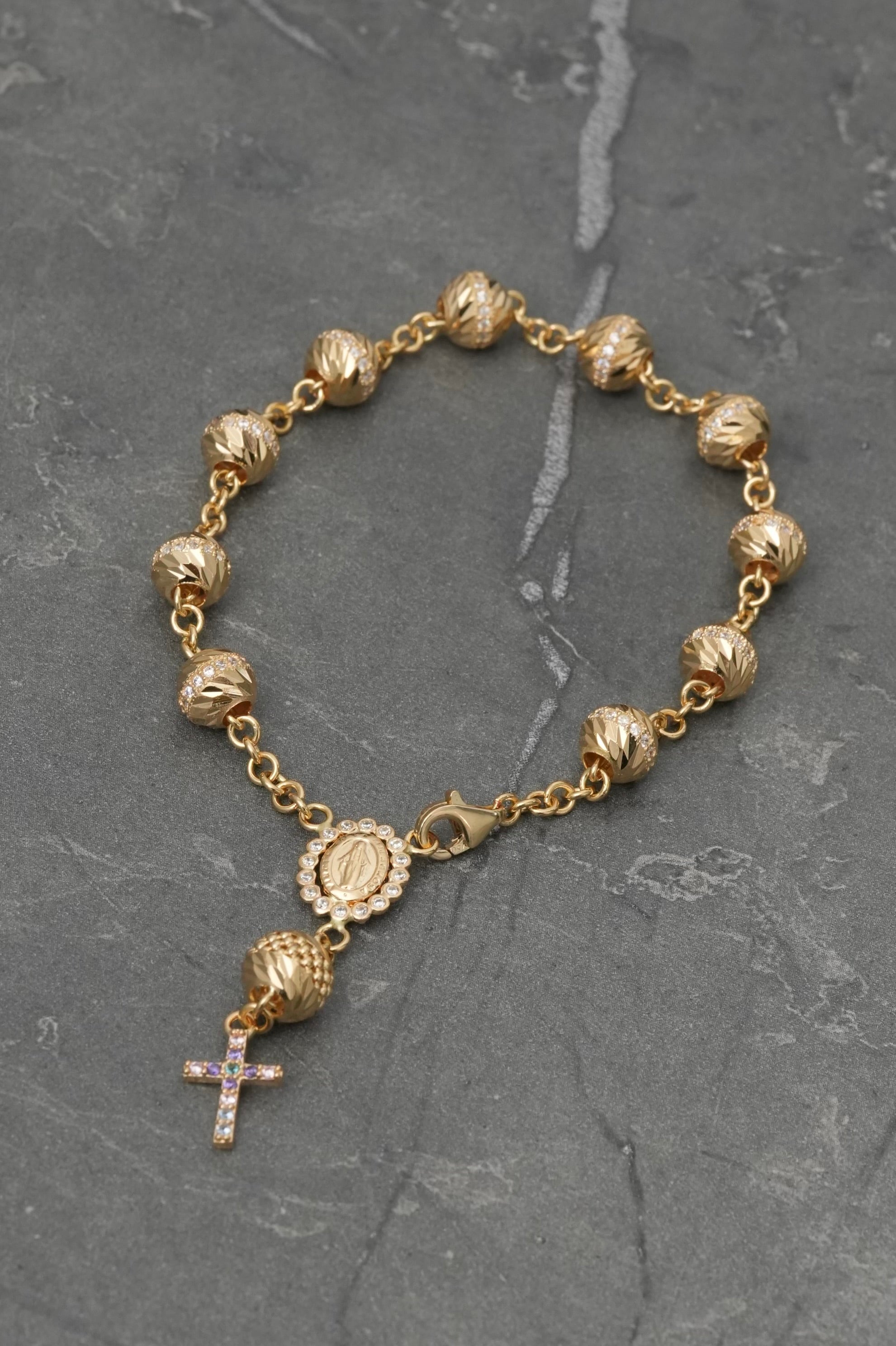 Pulso tipo denario virgen de la milagrosa con swarovski 11gr / Largo 17cm / Oro Amarillo Nac M