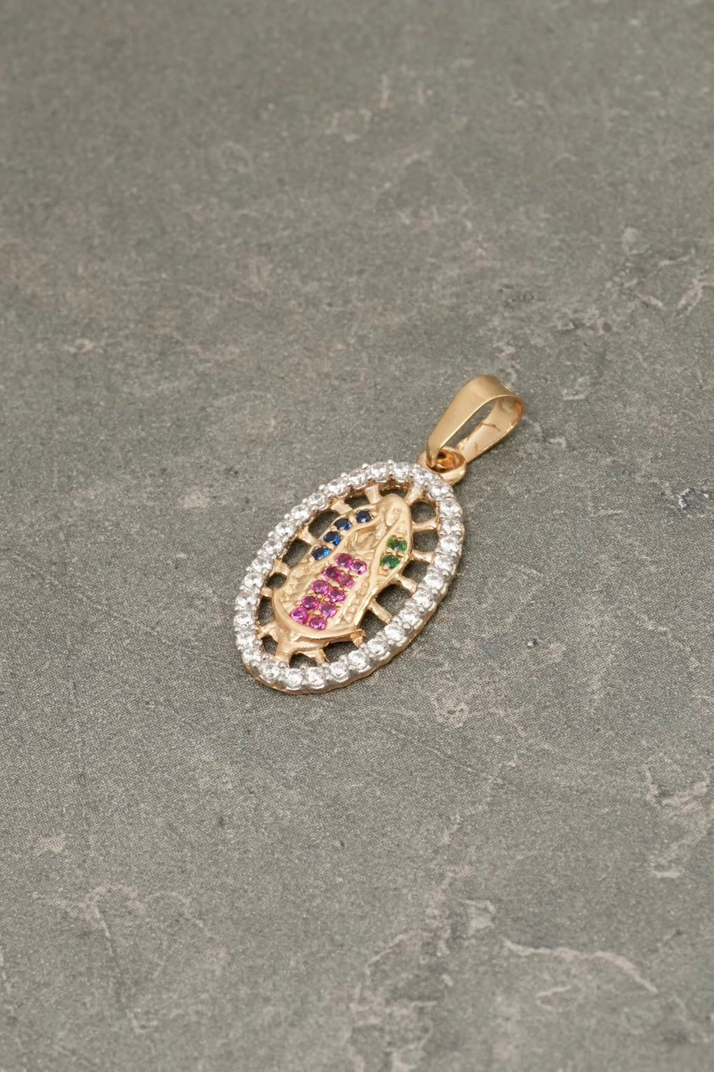 Dije virgen de guadalupe con swarovski azul y verde 1.55gr / Largo 2.5cm — Oro Amarillo