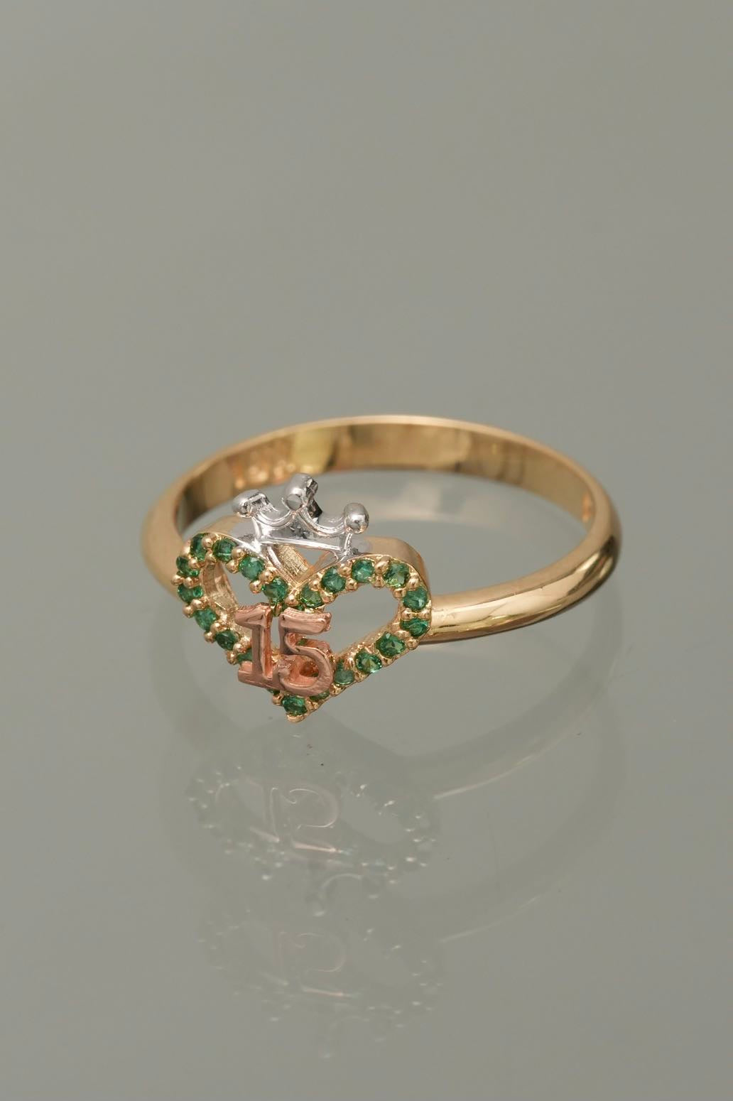 Anillo 15s corazon con swarovski verde 2.35gr / TALLA 6 1/4 / Dos Oros Nac M