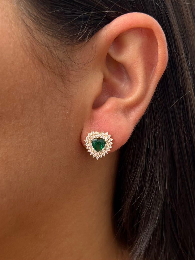 Topos de corazon con swarovski verde y blanco 4.2gr / Largo 1.4cm — Oro Amarillo