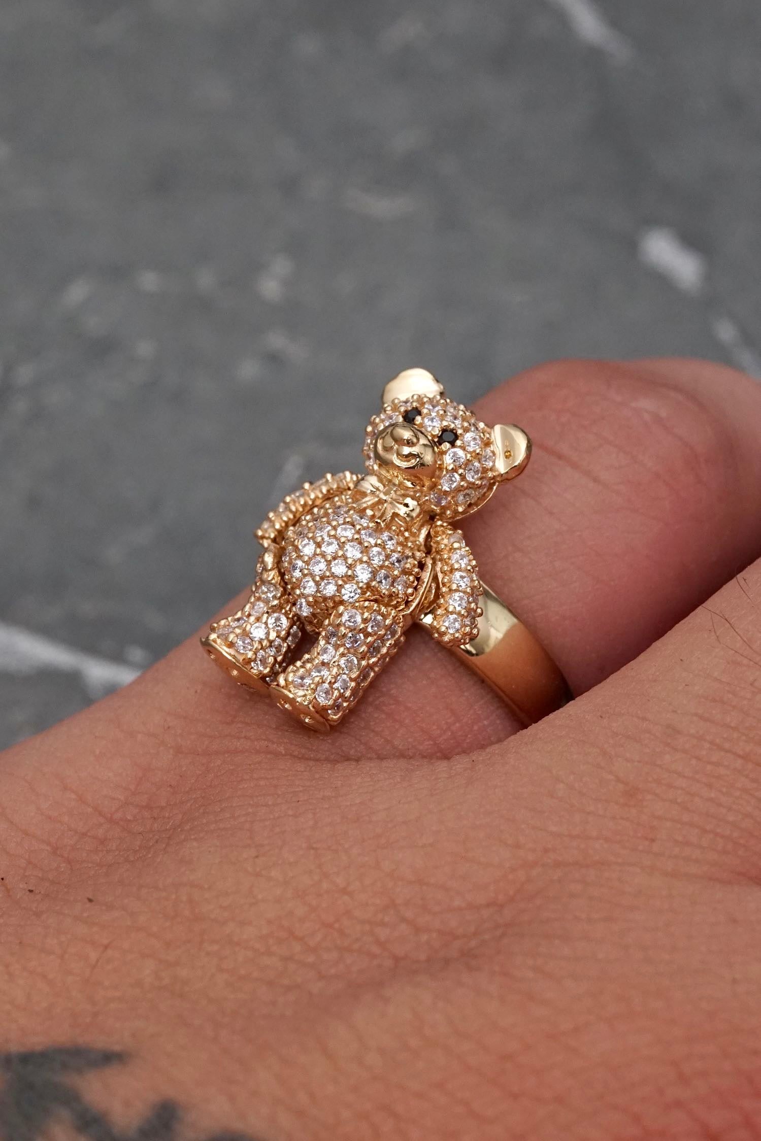 Anillo oso articulado con swarovski blanco 6gr / Talla 6 3/4 / Oro Amarillo Nac*