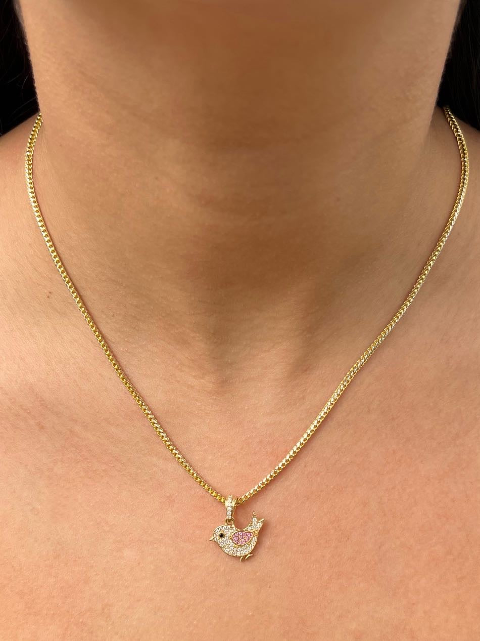 Dije pajaro con swarovski rosado y blanco 1.75gr / Largo 2cm — Oro Amarillo