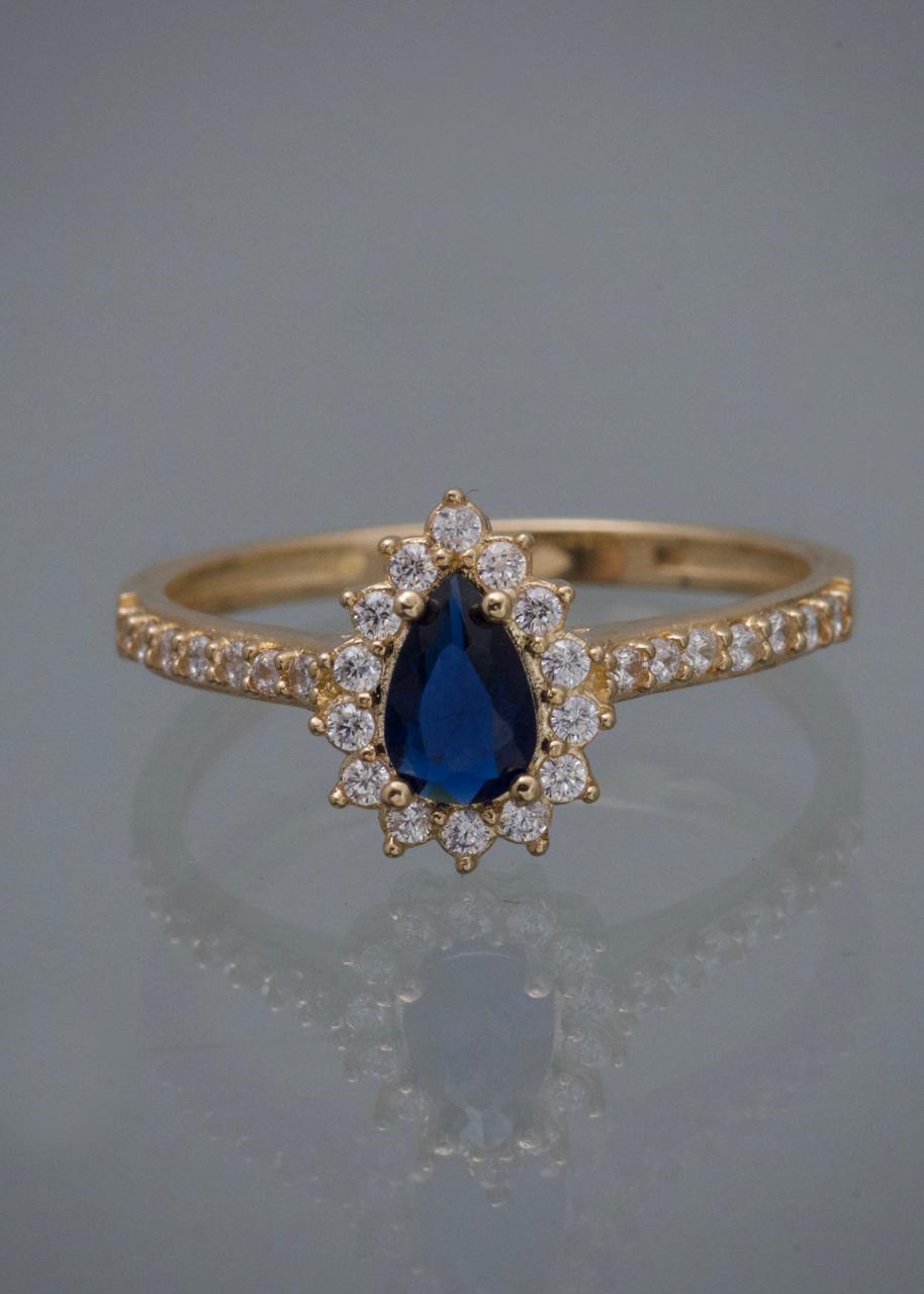 Solitario gota con swaroski azul y blanco 2.5gr / TALLA 7 / Oro Amarillo Nac P