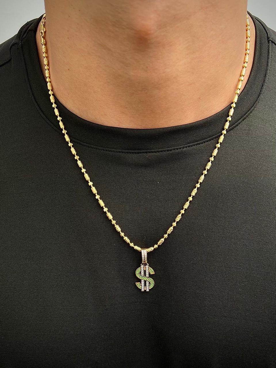 Dije signo peso con swarovski verde y blanco 3.55gr / Largo 3.3cm — Oro Amarillo