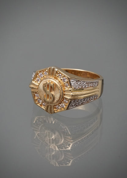 Anillo signo peso con swarovski blanco 11.5gr / Talla 10 3/4 / Oro Amarillo Nac B