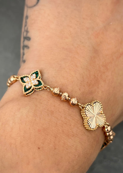 Pulso lucky clover piedra verde 14gr / Largo 19.5cm / Oro Rosado Nac M