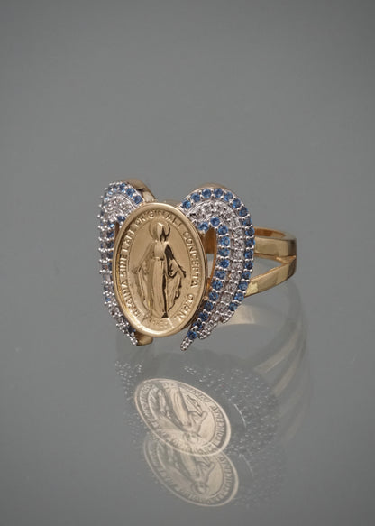 Anillo virgen de la milagrosa con swarovski azul 6.1gr / Talla 7 1/4 / Oro Amarillo Nac M