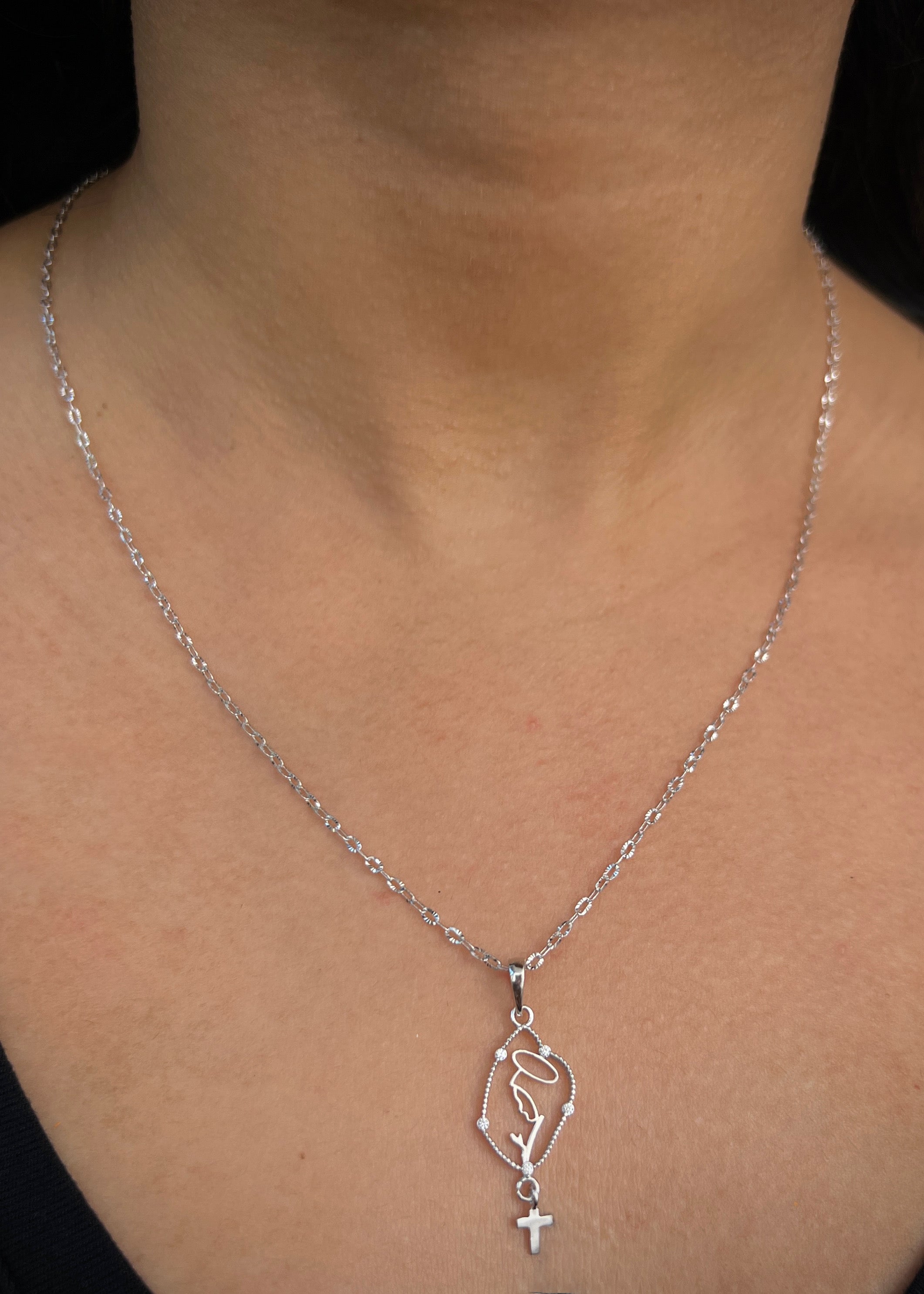 Set Cadena Aro Seguido Dije Virgen Guadalupe 3.3gr / Largo 50cm / Oro Blanco B