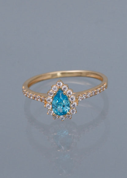 Solitario gota con swarovski azul y blanco 2.25gr / Talla 7 1/4 / Oro Amarillo Nac B