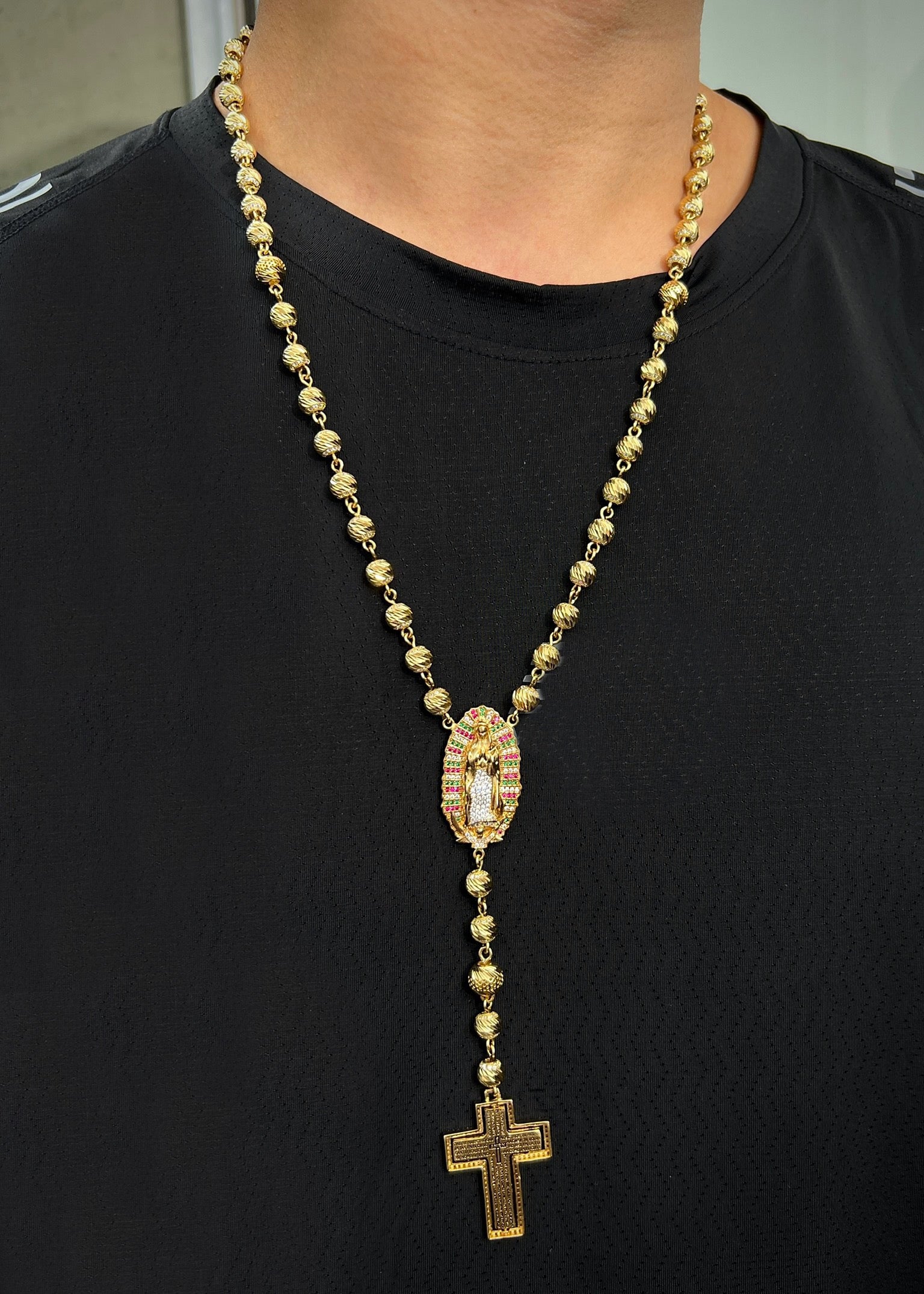 Rosario virgen guadalupe con bolas diamantadas 70.8gr / Largo 60cm / Oro Amarillo Nac M