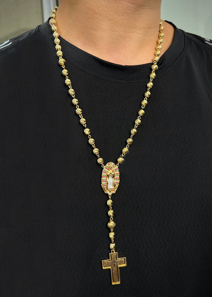 Rosario virgen guadalupe con bolas diamantadas 70.8gr / Largo 60cm / Oro Amarillo Nac M