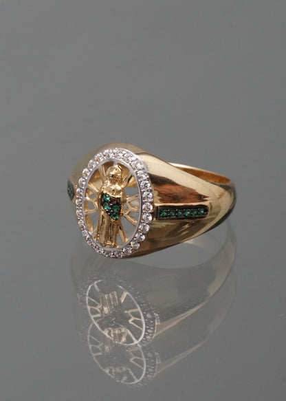 Anillo san judas tadeo con swarovski verde 5.9gr / Talla 10 3/4 / Oro Amarillo Nac B