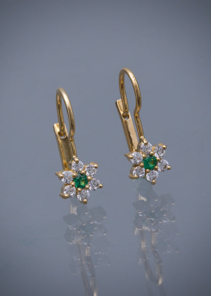 Aretes flor con swarovski verde y blanco 2.55gr / Largo 1.8cm / Oro Amarillo Nac B