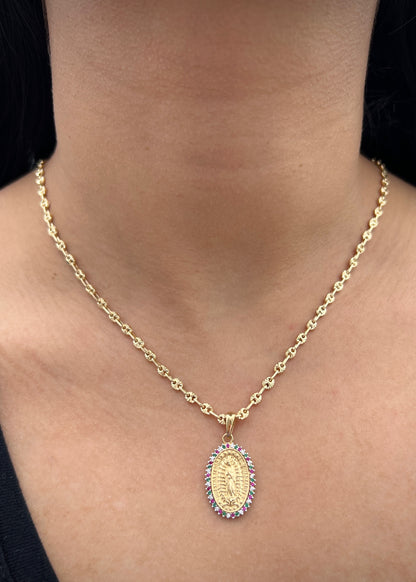 Dije virgen de guadalupe con swarovski multicolor 2.65gr / Largo 3cm / Oro Amarillo Nac P