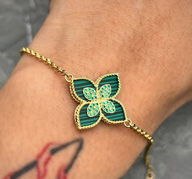 Pulso lucky clover tejido aro seguido con swarovski verde 2.8gr / Largo 17.5cm / Oro Amarillo italy cte M