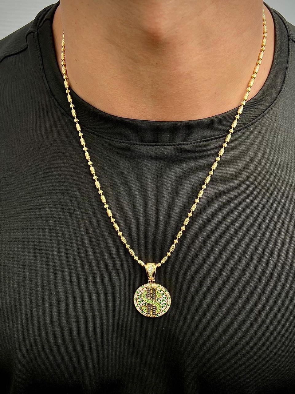 Dije signo peso con swarovski verde y blanco 10.25gr / Largo 3.9cm — Oro Amarillo