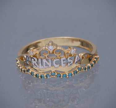 Anillo corona con swarovski blanco y azul 2.35gr / TALLA 6 1/2 / Oro Amarillo Nac M