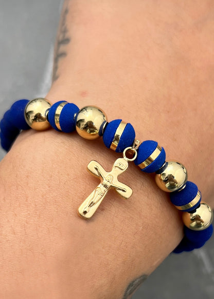 Pulsera en hilo azul con dije de cruz 2.9gr / Oro Amarillo (Joya) M