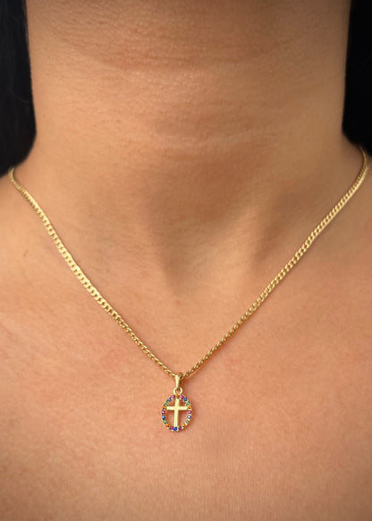 Dije medalla de cruz con swarovski multicolor 0.65gr / Largo 1.8cm / Oro Amarillo Nac B