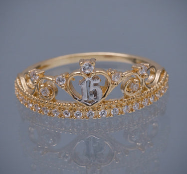 Anillo corona de 15s con swarovski blanco 2.2gr / TALLA 7 1/2 / Oro Amarillo Nac M