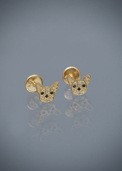 Topos perro con swarovski blanco y negro 1gr / Largo 0.6cm / Oro Amarillo Nac*