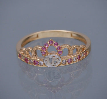 Anillo corona de 15s con swarovski blanco y rosado 2.3gr / TALLA 6 / Oro Amarillo Nac B