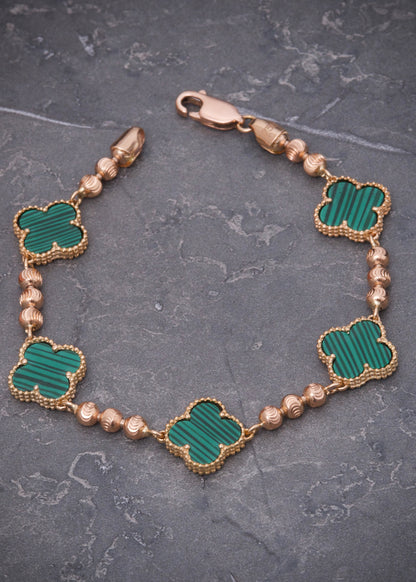 Pulso lucky clover piedra verde 12.6gr / Largo 19.5cm / Oro Rosado Nac M